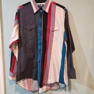 VTG 90s WRANGLER XL 17 ½  35 Color Block Stripe Button Up Brushpopper Shirt Rare